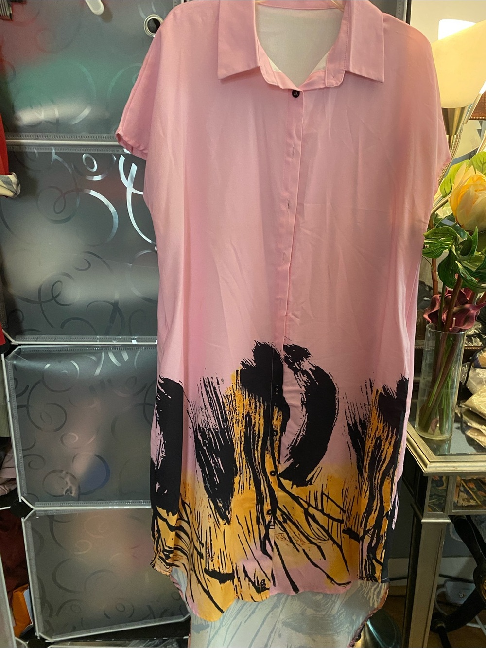 NWOT, Pink High Low Mixi Dress With Colorful Graphics